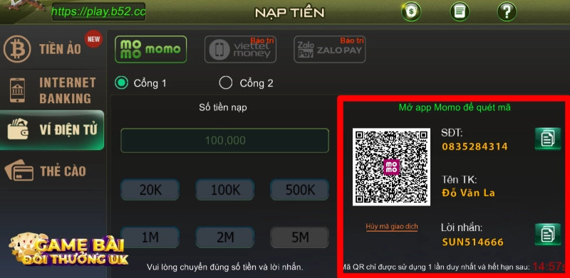 Cách nạp tiền B52