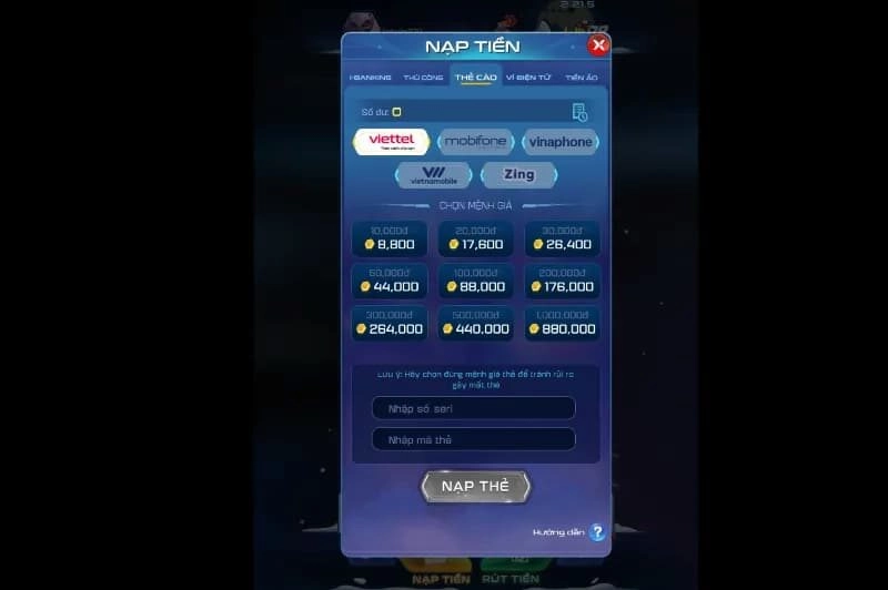 Nạp tiền vào tài khoản Win79 qua thẻ cào