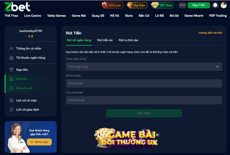 Rút tiền Zbet